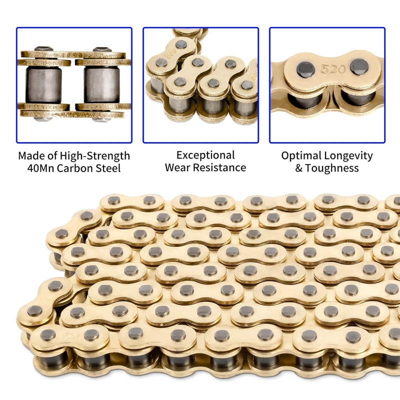 Belleone 520 Gold Motorcycle Chain 110 Links with Chain Breaker, 520 Drive Bike Roller Chain with 5 Master Links - Image 4